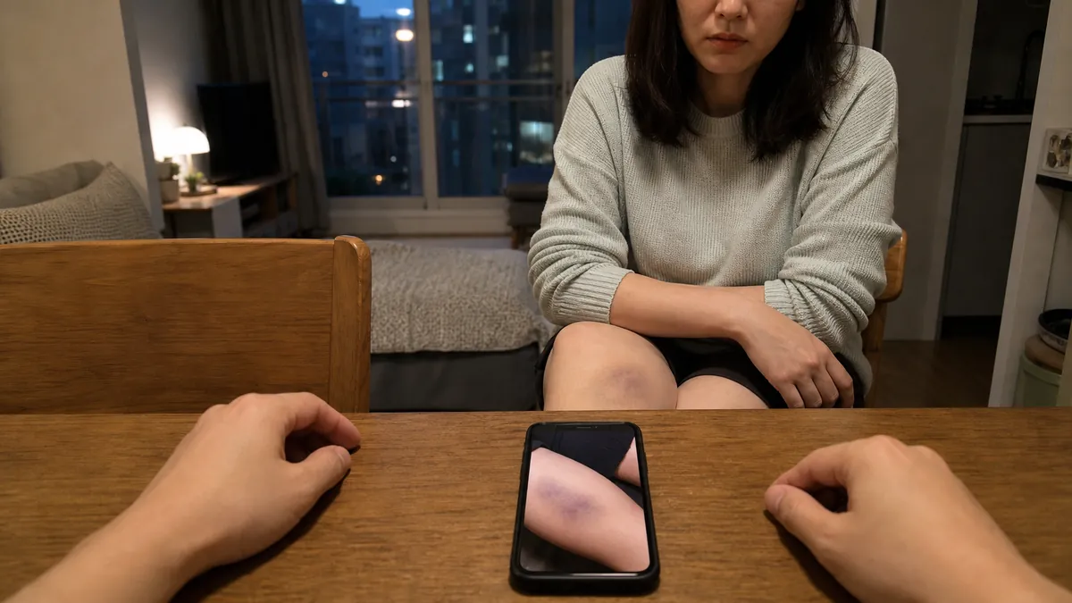 이혼 갈등 중 제기된 상해 혐의와 범행 시각 이전 멍 사진을 근거로 한 무죄 변론